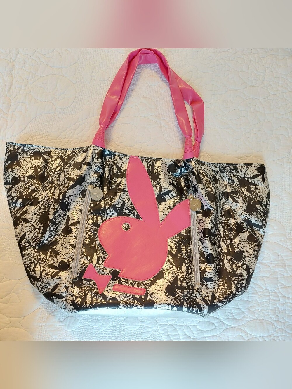 Vtg Pink/Black/Gray Playboy Y2K Extra Large Tote/Shoulder Bag/Vinyl Straps RARE